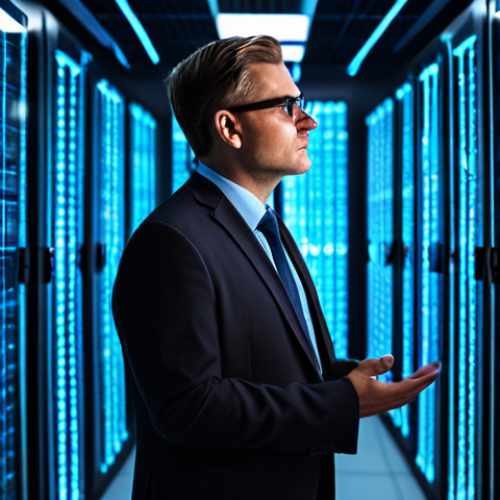 Home 6 A thoughtful IT architect, fully clothed in a professional business suit, stands in a sophisticated, modern data center. Abstract, glowing lines and interconnected nodes weave around them, visually representing the complex and challenging nature of distributed microservices and cloud-native infrastructure. The scene conveys a sense of intellectual engagement with intricate systems. Perfect anatomy, correct proportions, natural pose, well-formed hands, proper finger count, natural body proportions. Professional photography, high resolution, soft lighting. safe for work, appropriate content, fully clothed, professional dress.