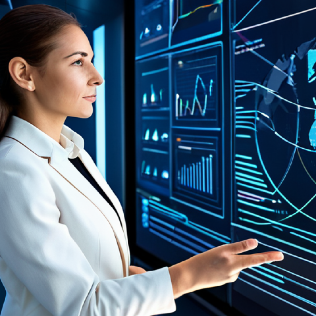 A focused professional woman in a modest, dark business suit with a light blouse, standing confidently in front of a large, holographic display, gesturing with one hand towards a complex diagram that visually represents interconnected cloud platforms. Her expression is thoughtful and strategic, symbolizing freedom of choice and accelerated innovation. The background is a sleek, futuristic data visualization lab with subtle digital glows, emphasizing innovation and cutting-edge technology. Bright, professional studio lighting. Fully clothed, appropriate attire, safe for work, perfect anatomy, correct proportions, natural pose, well-formed hands, proper finger count, natural body proportions, professional photography, high quality, appropriate content, professional.